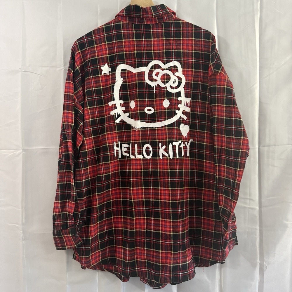 Forever 21 X Sanrio Hello Kitty Flannel Plaid Shirt Red Womens‎ Long L New Tags